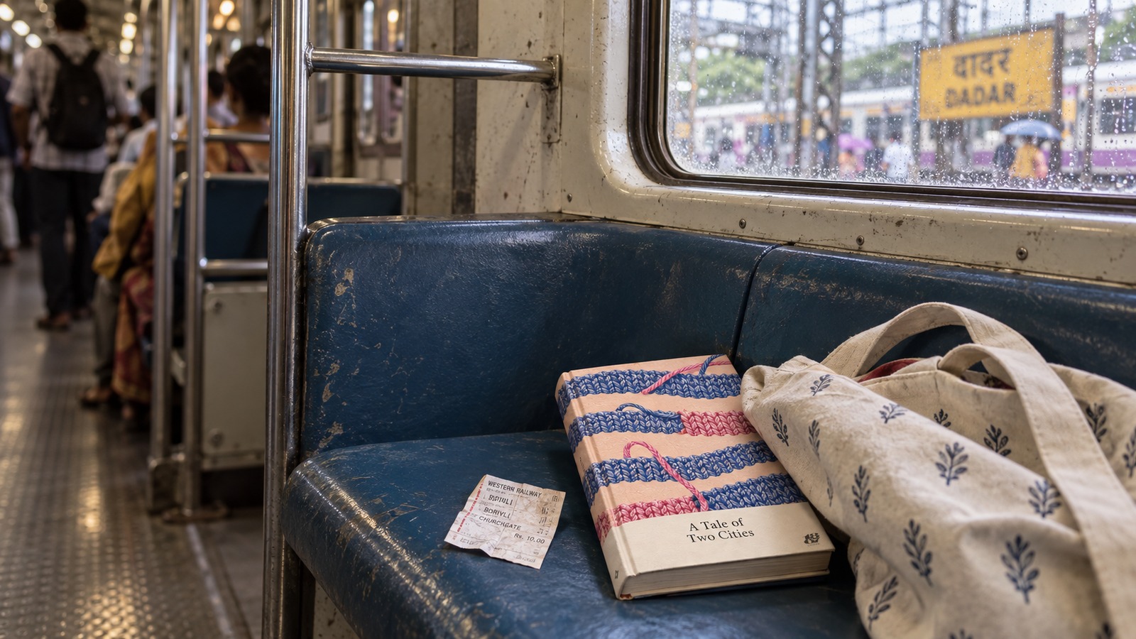 A book beside a bag on a train